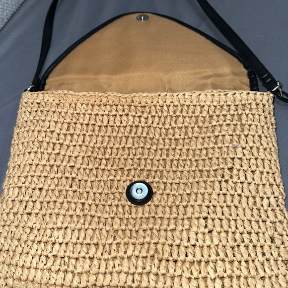 Women's Paper Straw Natural Crossbody Purse Bag Black Faux Leather Trim - Picture 6 of 10